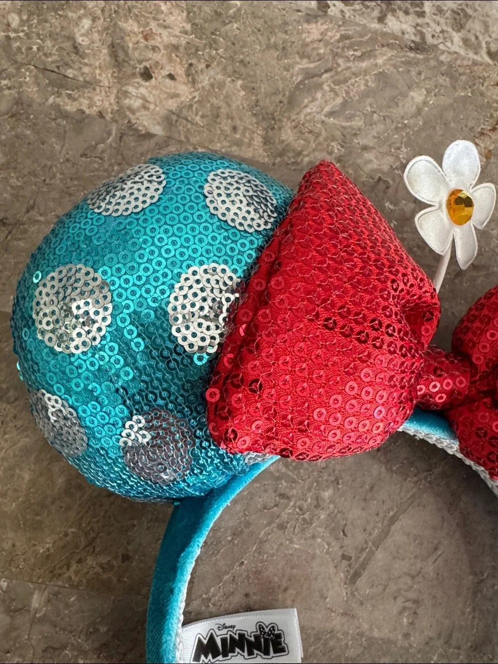 Disney Teal Sequin minnie Mouse Ears Headband with Red sequin Bow and flower